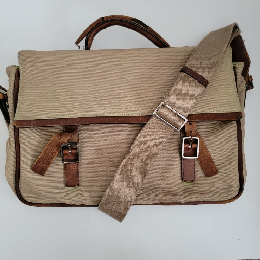Vintage Bally Laptop Soft Briefcase Beige Nylon Brown Leather Messenger Bag